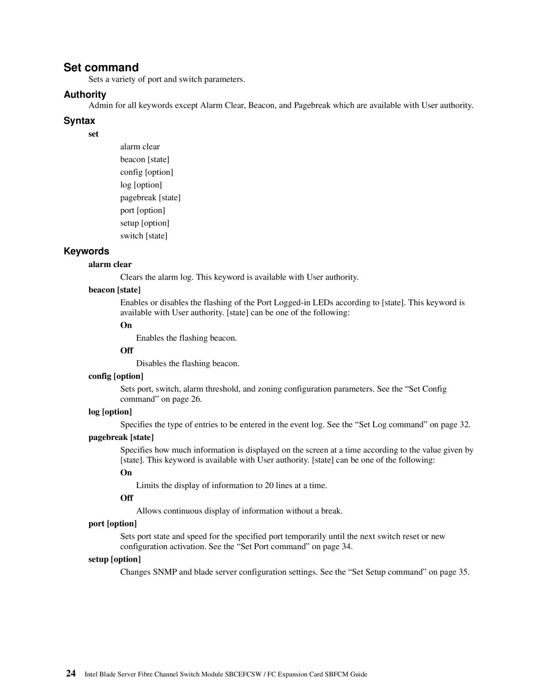 Intel SBFCM, SBCEFCSW manual Set command 