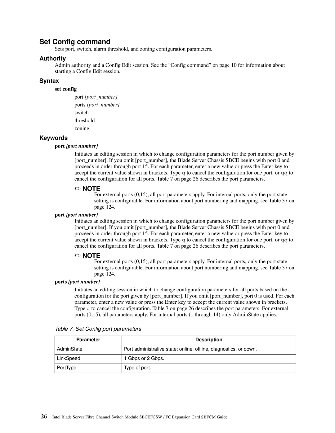 Intel SBFCM Set Config command, Set config, Switch Threshold Zoning, Set Config port parameters, Parameter Description 