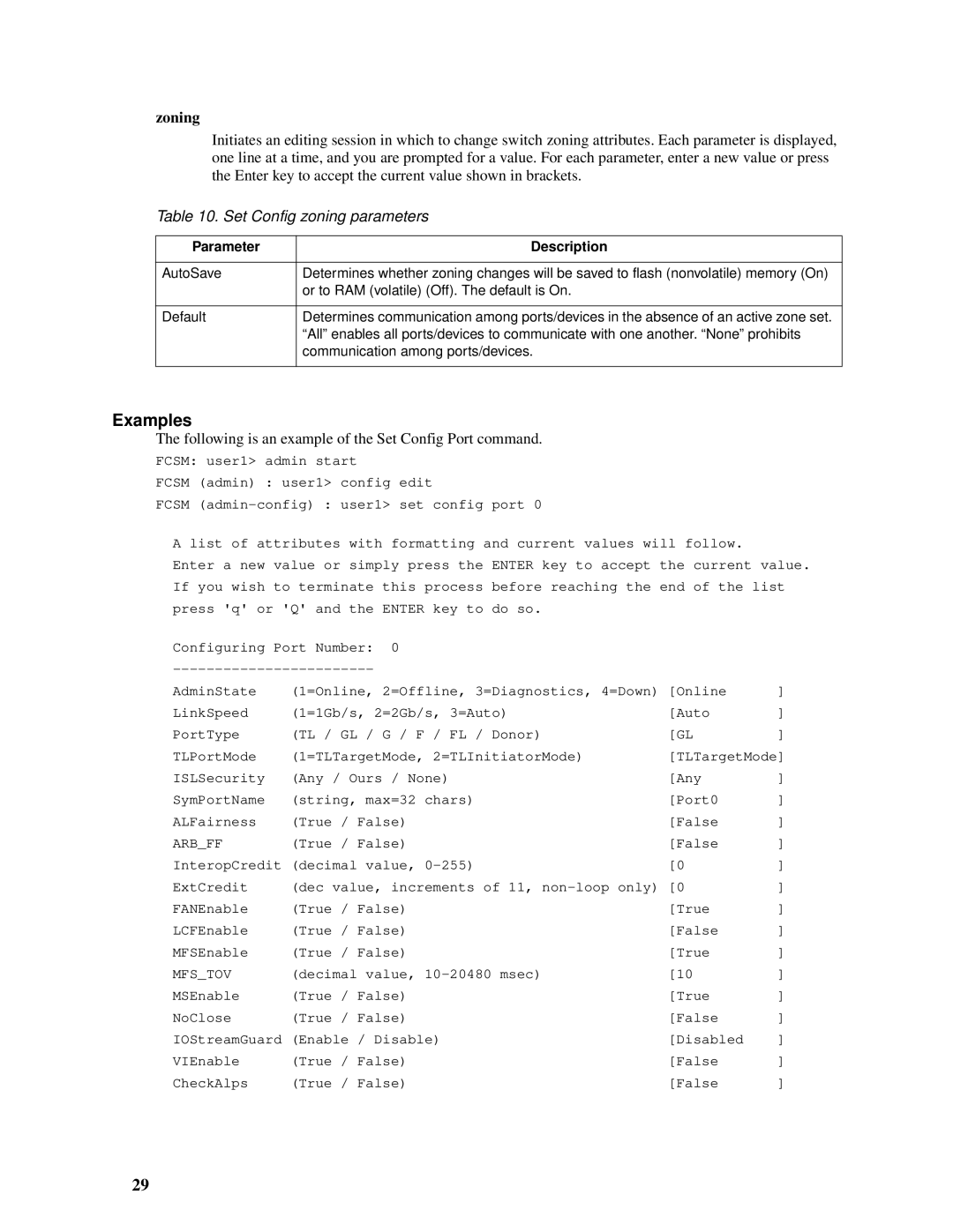 Intel SBCEFCSW, SBFCM manual Set Config zoning parameters, Following is an example of the Set Config Port command 