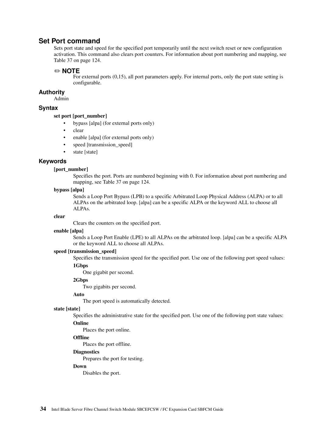 Intel SBFCM, SBCEFCSW manual Set Port command 