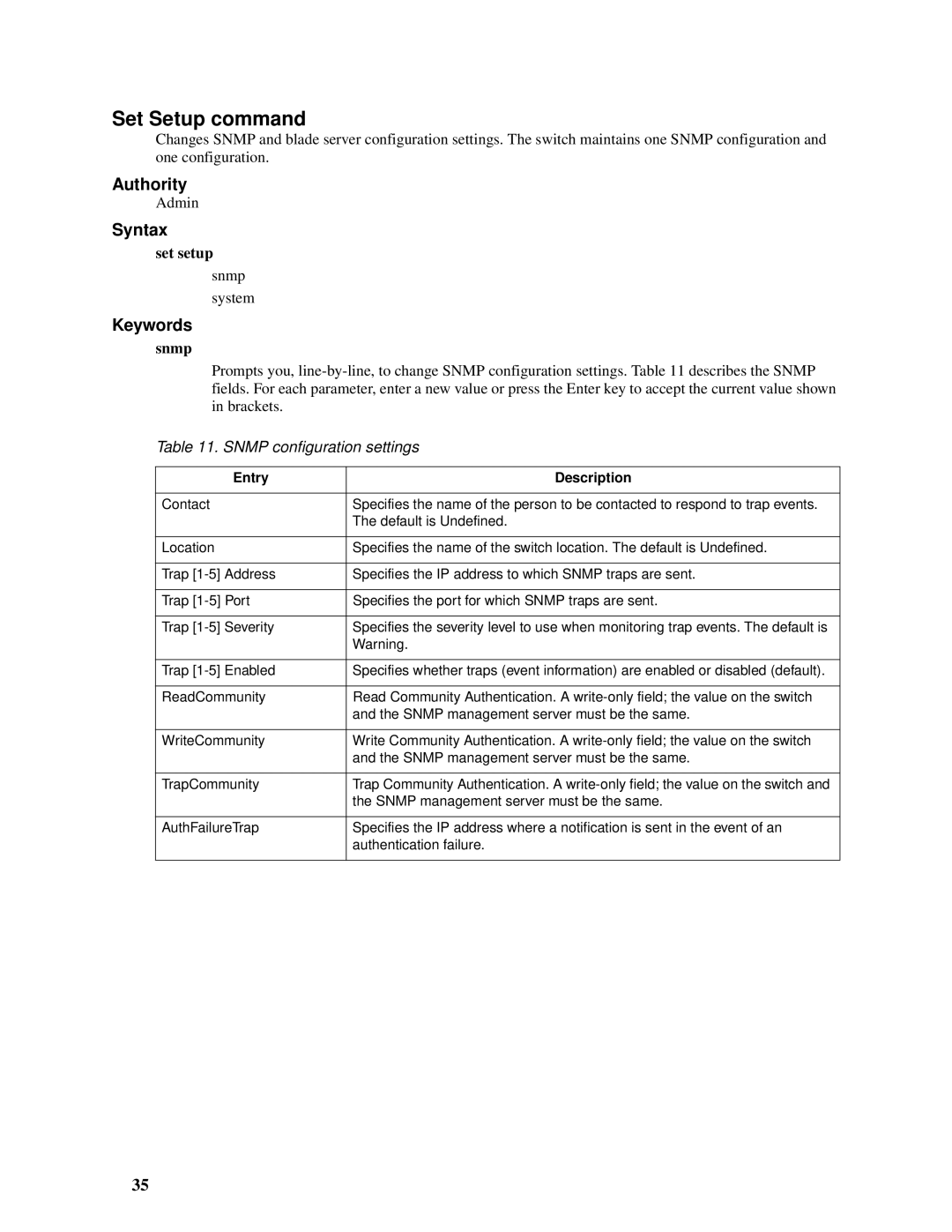 Intel SBCEFCSW, SBFCM manual Set Setup command, Set setup, Snmp System, Snmp configuration settings, Entry Description 