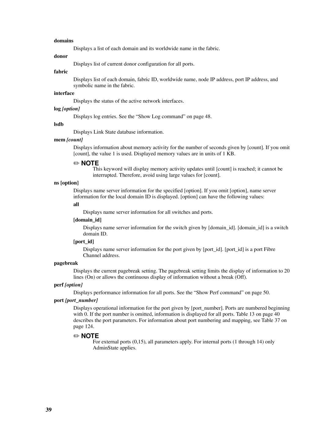 Intel SBCEFCSW, SBFCM manual Domains, Donor, Fabric, Interface, Lsdb, Ns option, Domainid, Portid, Pagebreak 