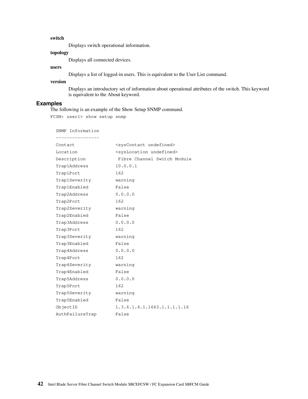 Intel SBFCM, SBCEFCSW manual Topology, Users, Version 