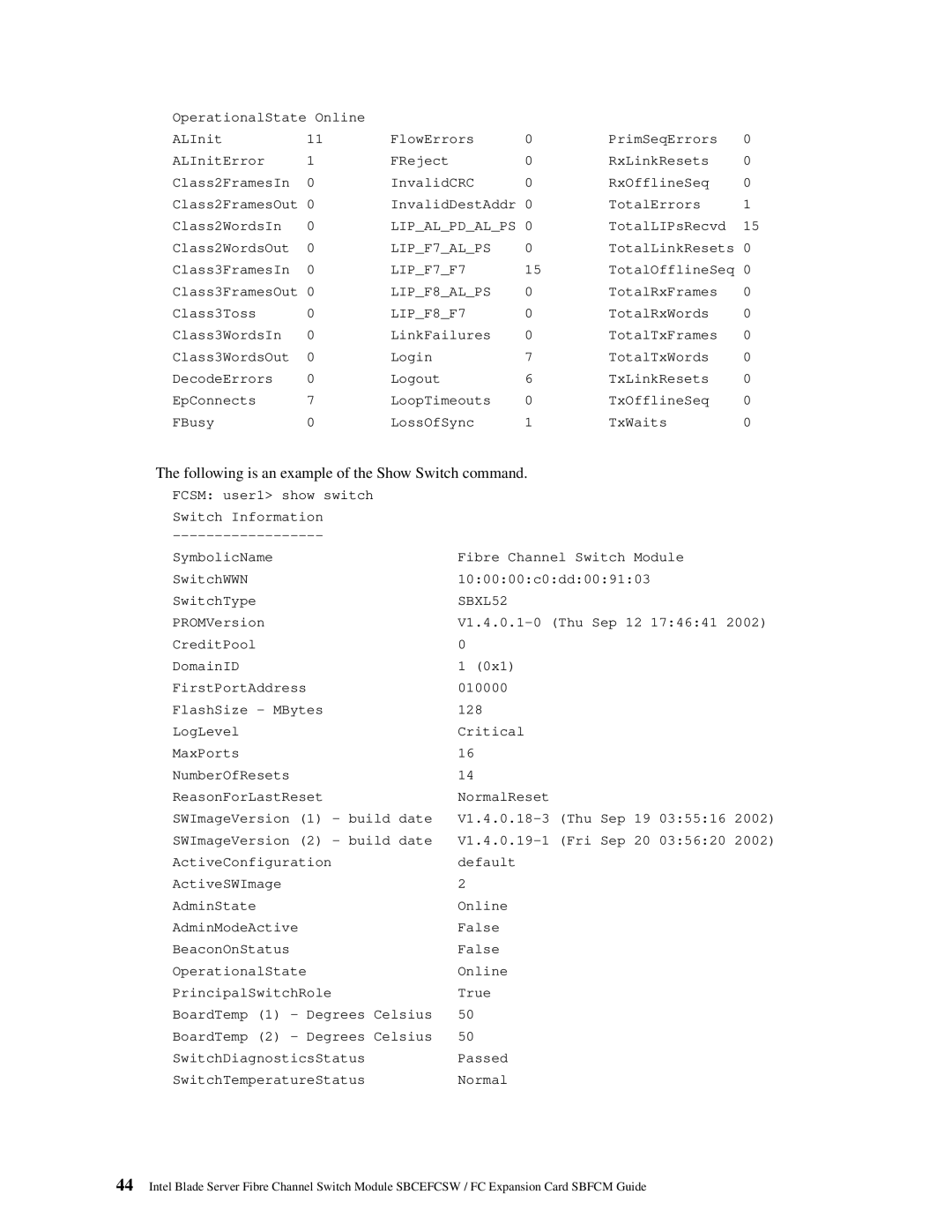 Intel SBFCM, SBCEFCSW manual Following is an example of the Show Switch command, LIPF8F7 