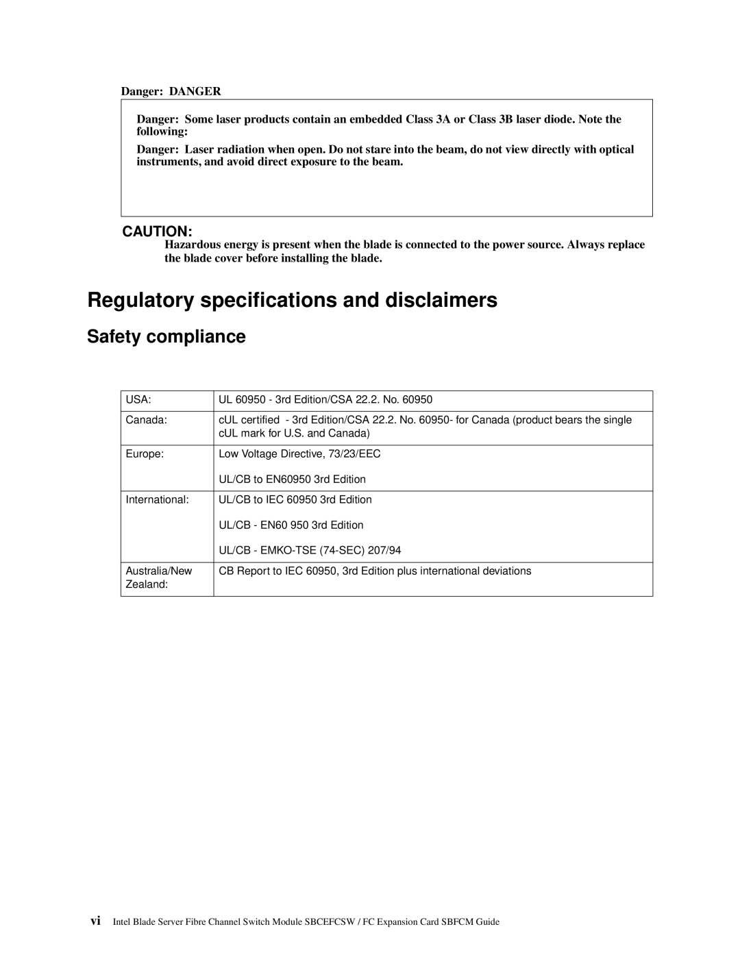 Intel SBFCM, SBCEFCSW manual Regulatory specifications and disclaimers, Safety compliance 