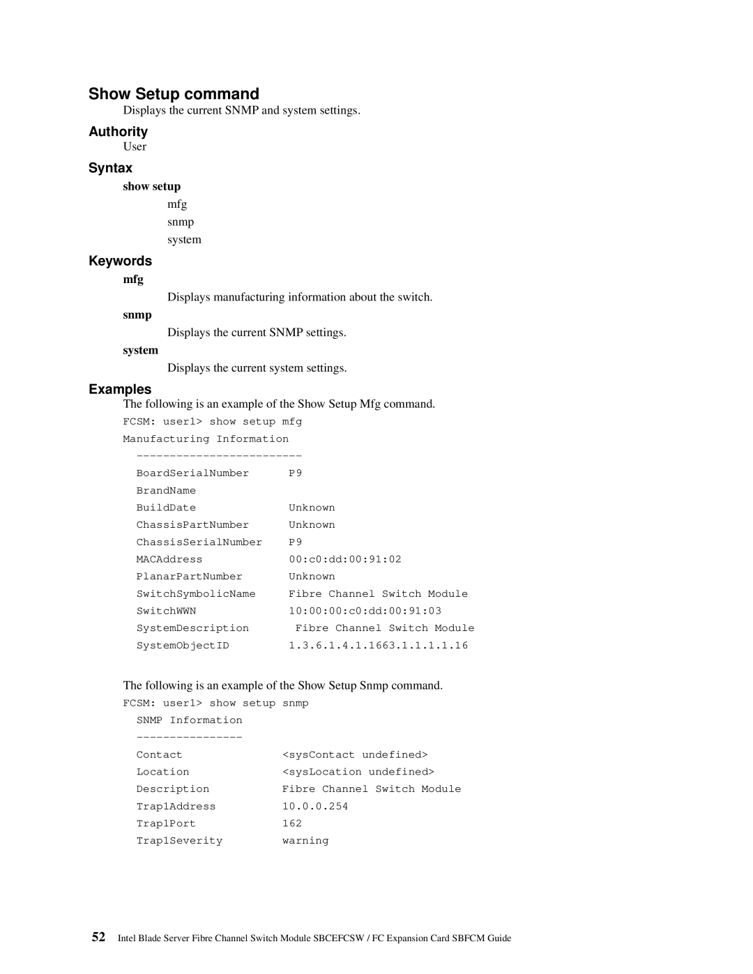 Intel SBFCM, SBCEFCSW manual Show Setup command, Show setup, Mfg 