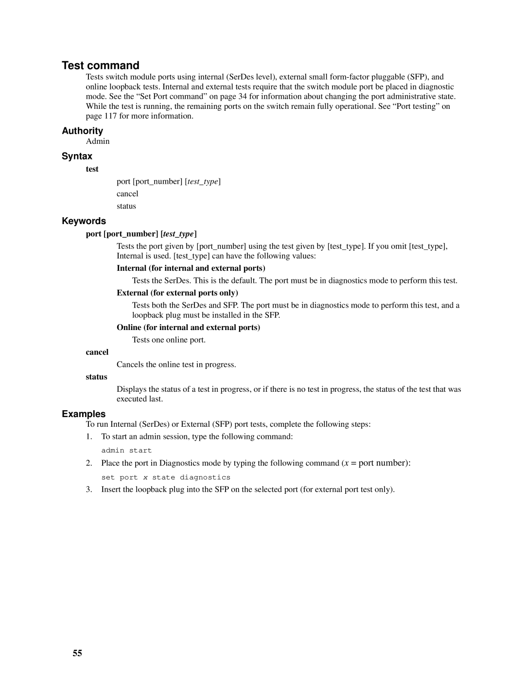 Intel SBCEFCSW, SBFCM manual Test command 