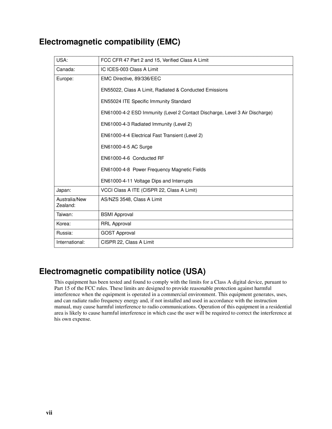 Intel SBCEFCSW, SBFCM manual Electromagnetic compatibility EMC, Electromagnetic compatibility notice USA, Vii 