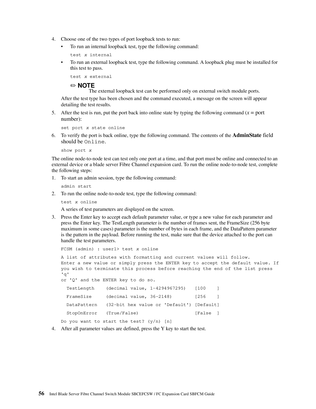 Intel SBFCM, SBCEFCSW manual Choose one of the two types of port loopback tests to run 