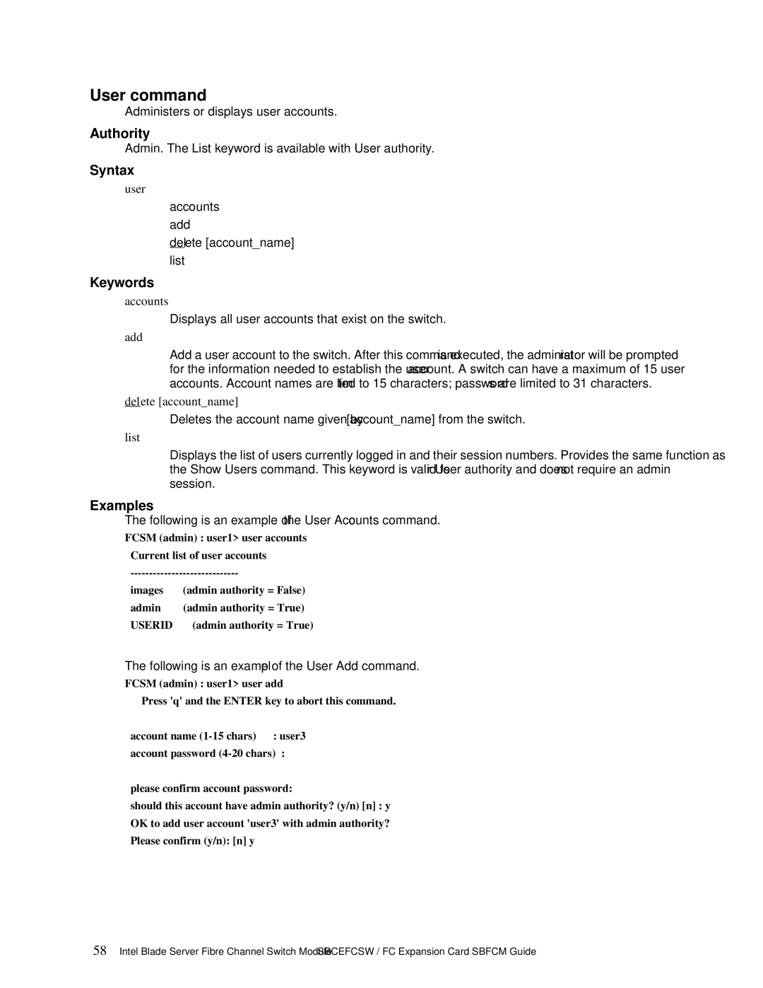 Intel SBFCM, SBCEFCSW manual User command, Accounts, Add, Delete accountname 