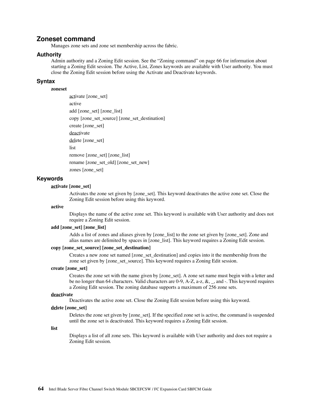 Intel SBFCM, SBCEFCSW manual Zoneset command 