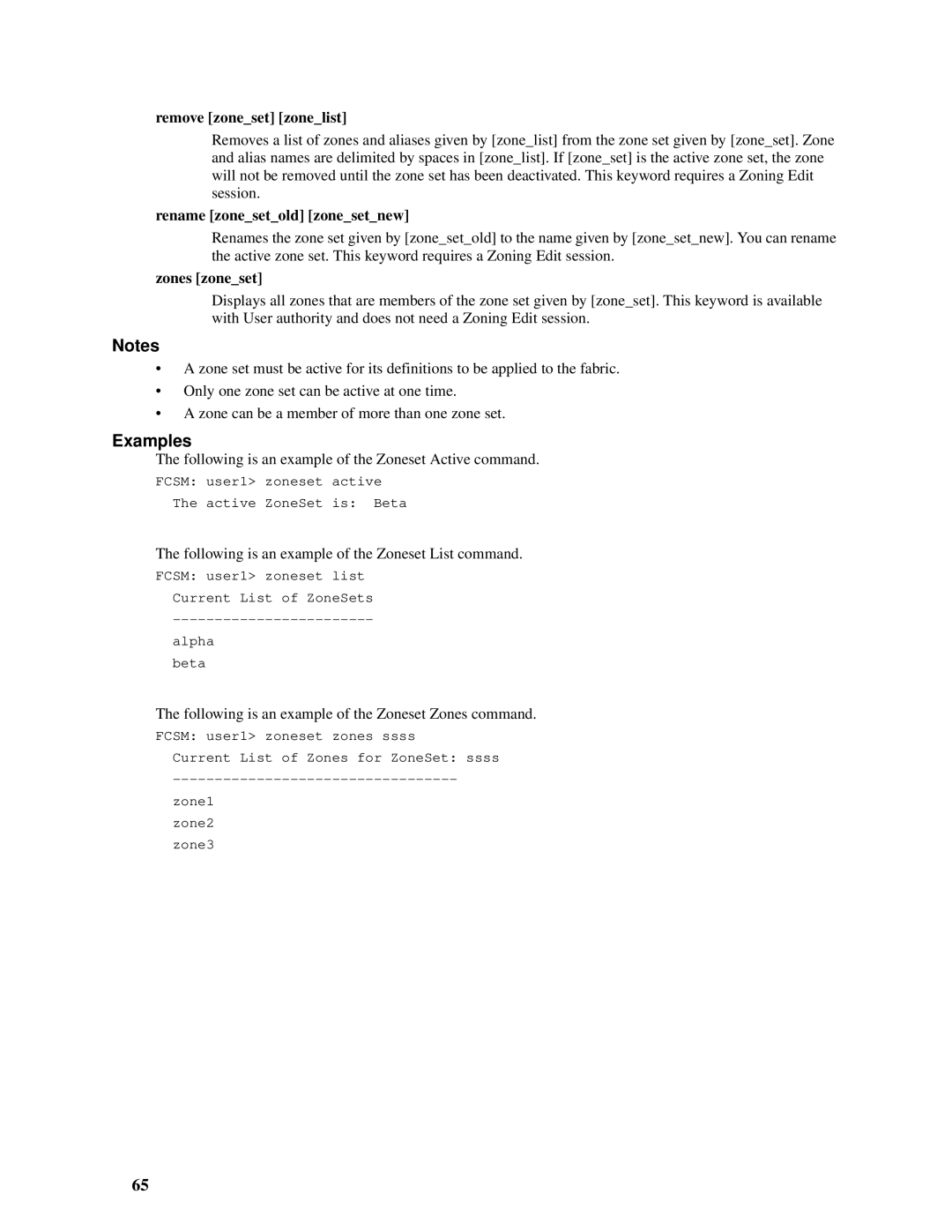 Intel SBCEFCSW, SBFCM manual Remove zoneset zonelist, Rename zonesetold zonesetnew, Zones zoneset 