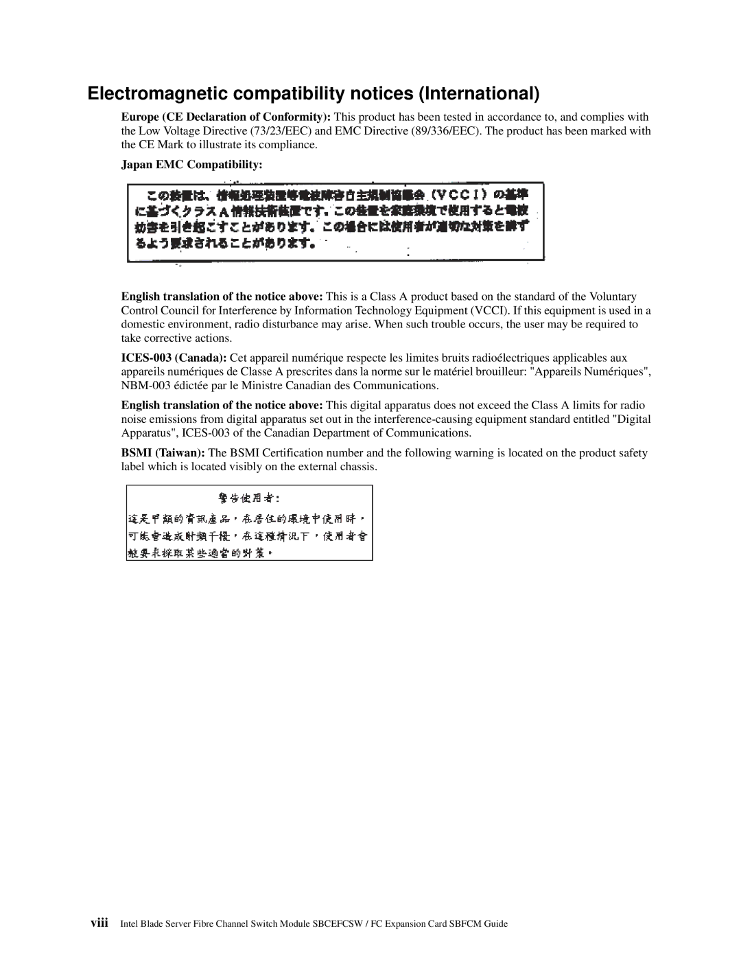 Intel SBFCM, SBCEFCSW manual Electromagnetic compatibility notices International, Japan EMC Compatibility 