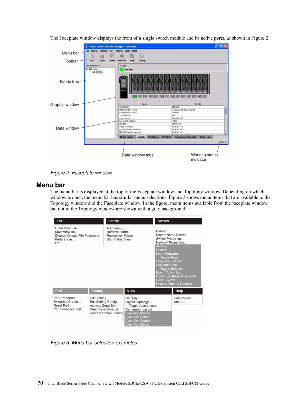 Intel SBFCM, SBCEFCSW manual Menu bar, Faceplate window 