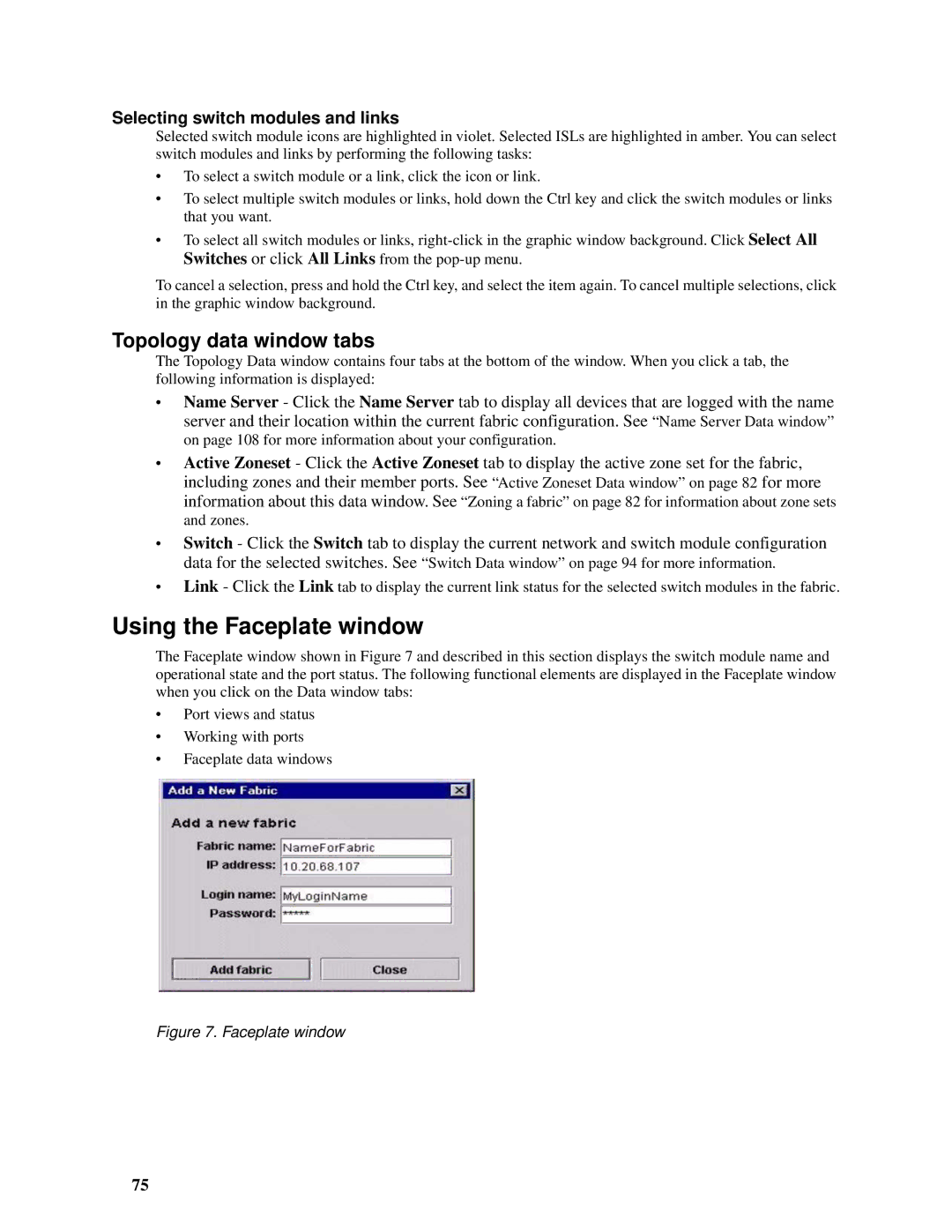 Intel SBCEFCSW, SBFCM manual Using the Faceplate window, Topology data window tabs, Selecting switch modules and links 