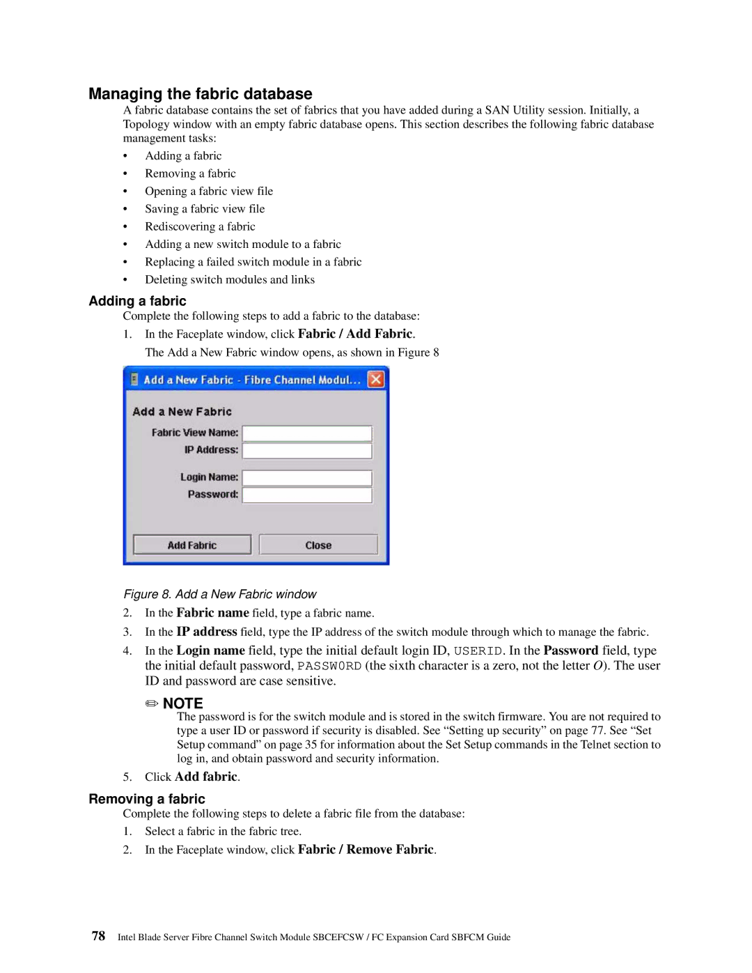 Intel SBFCM, SBCEFCSW manual Managing the fabric database, Adding a fabric, Click Add fabric, Removing a fabric 