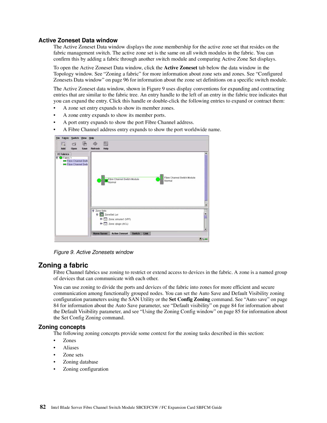 Intel SBFCM, SBCEFCSW manual Zoning a fabric, Active Zoneset Data window, Zoning concepts 