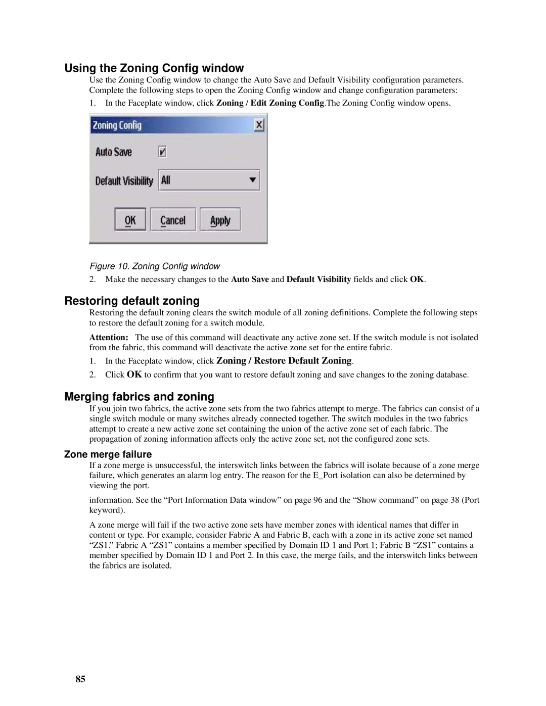 Intel SBCEFCSW Using the Zoning Config window, Restoring default zoning, Merging fabrics and zoning, Zone merge failure 