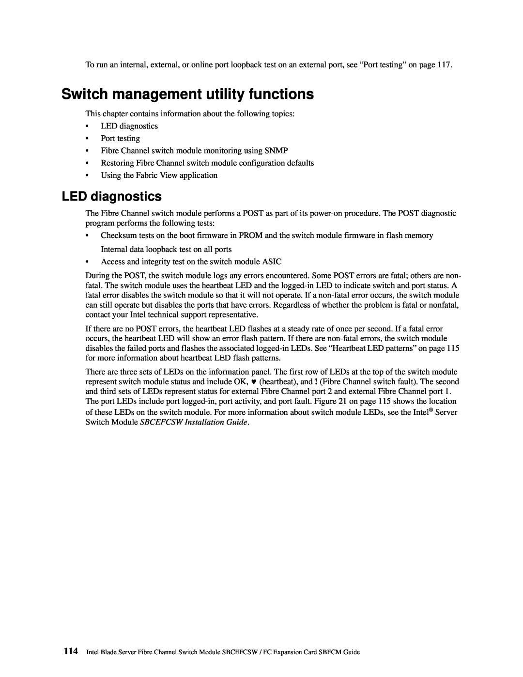 Intel SBFCM, SBCEFCSW manual Switch management utility functions, LED diagnostics 