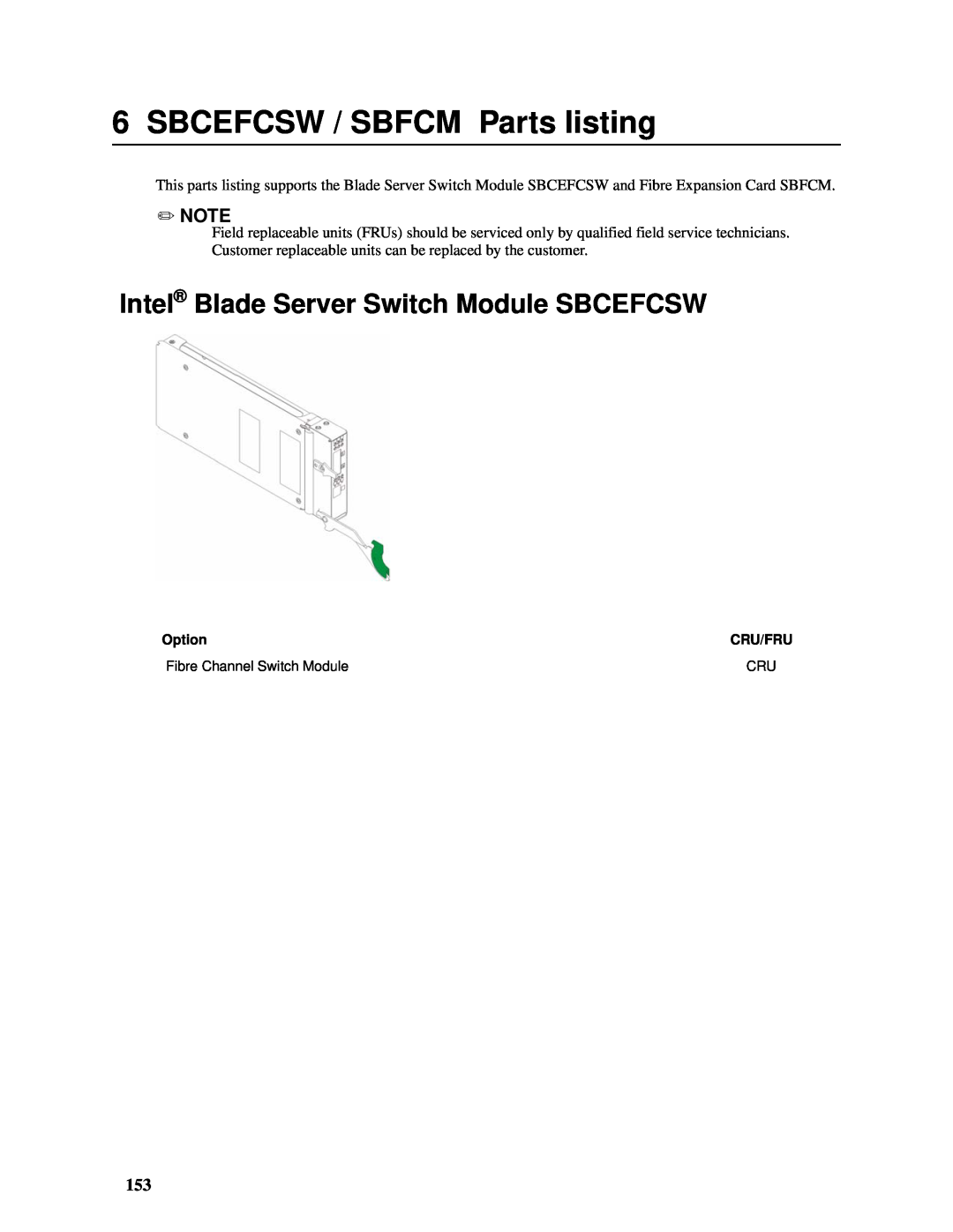 Intel manual SBCEFCSW / SBFCM Parts listing, Intel Blade Server Switch Module SBCEFCSW 