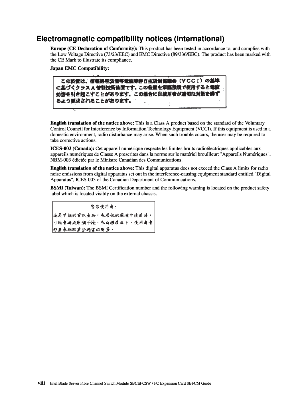 Intel SBFCM, SBCEFCSW manual Japan EMC Compatibility 