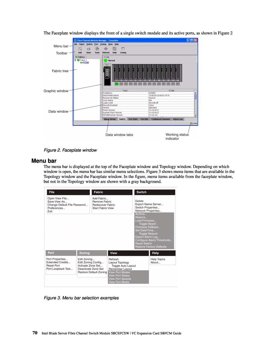Intel SBFCM, SBCEFCSW manual Faceplate window, Menu bar selection examples 