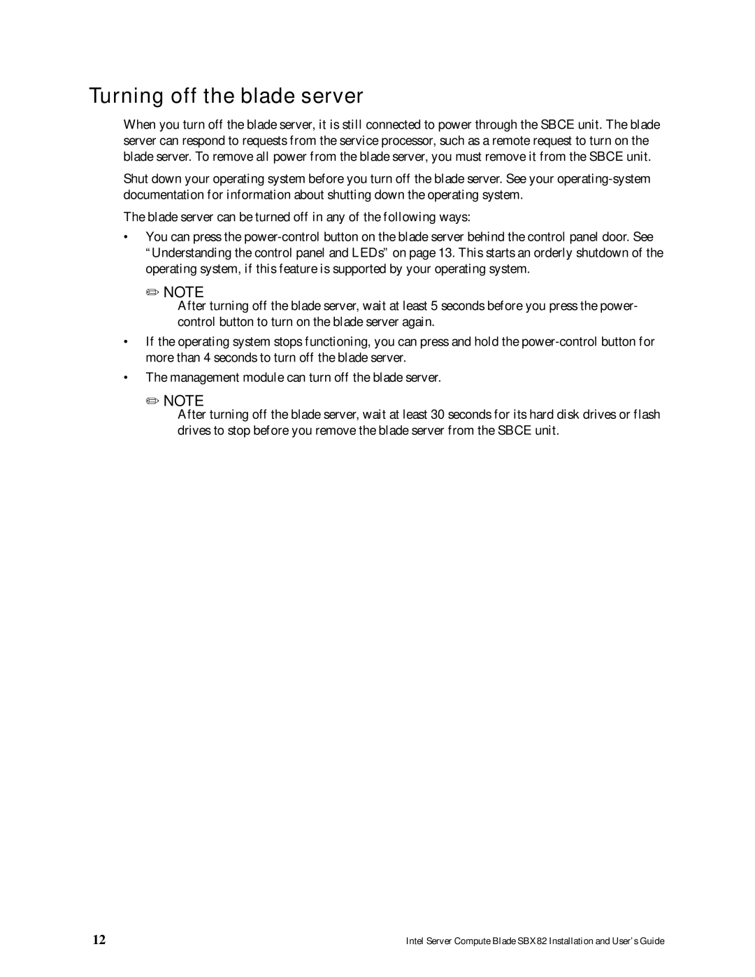 Intel SBX82 manual Turning off the blade server 