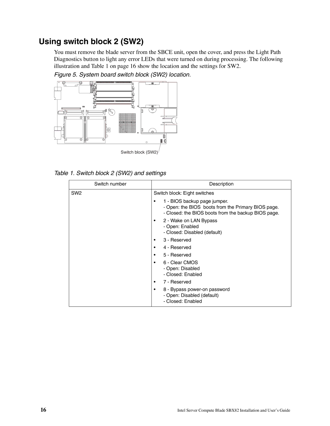 Intel SBX82 manual Using switch block 2 SW2, Switch block 2 SW2 and settings 