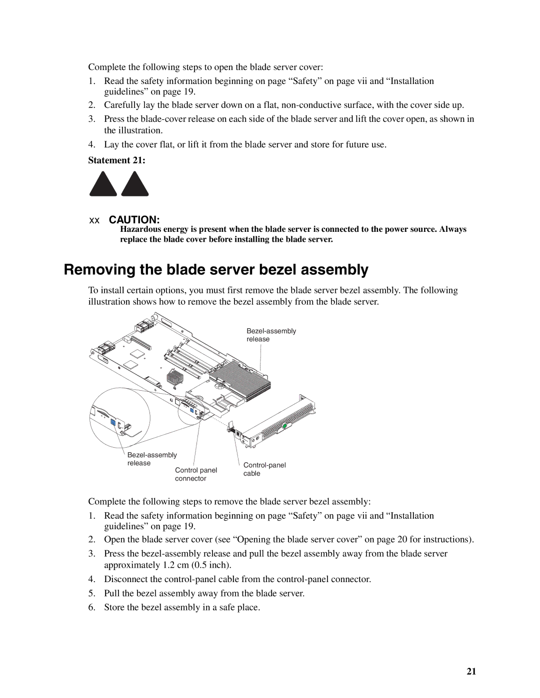 Intel SBX82 manual Removing the blade server bezel assembly, Statement 