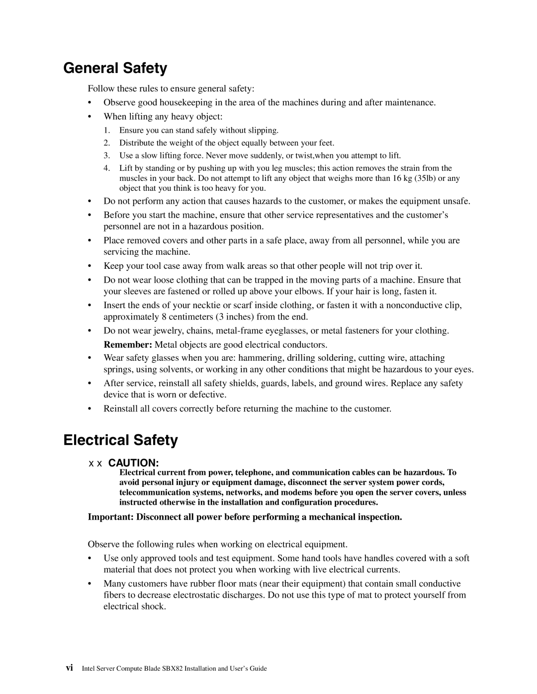 Intel SBX82 manual General Safety, Electrical Safety 