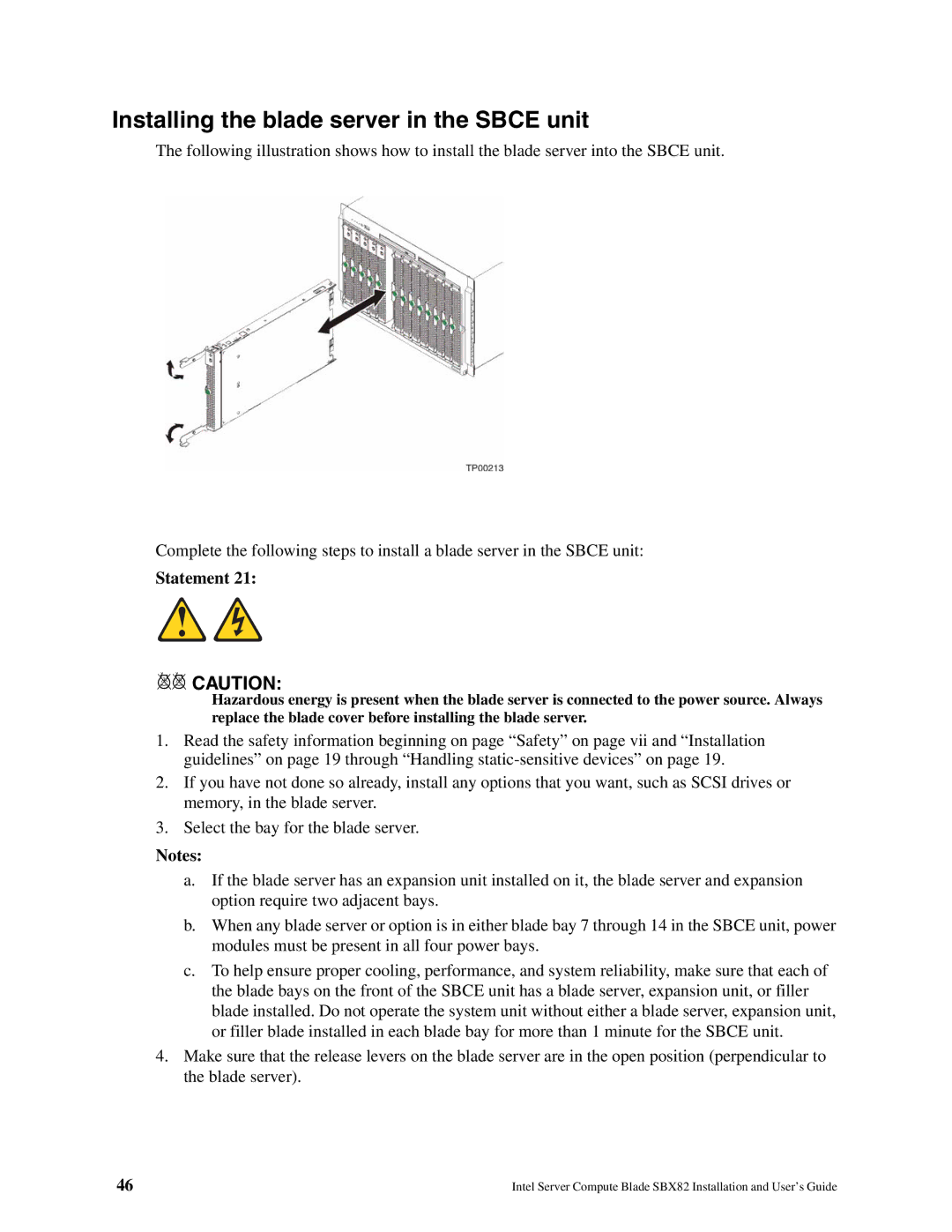 Intel SBX82 manual Installing the blade server in the Sbce unit, Statement 