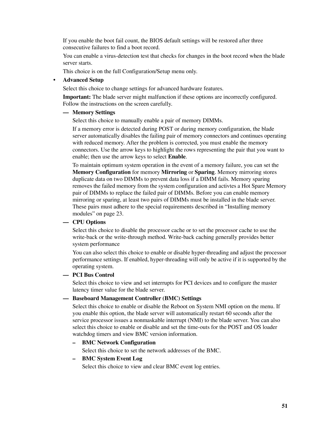 Intel SBX82 Advanced Setup, Memory Settings, CPU Options, PCI Bus Control, Baseboard Management Controller BMC Settings 