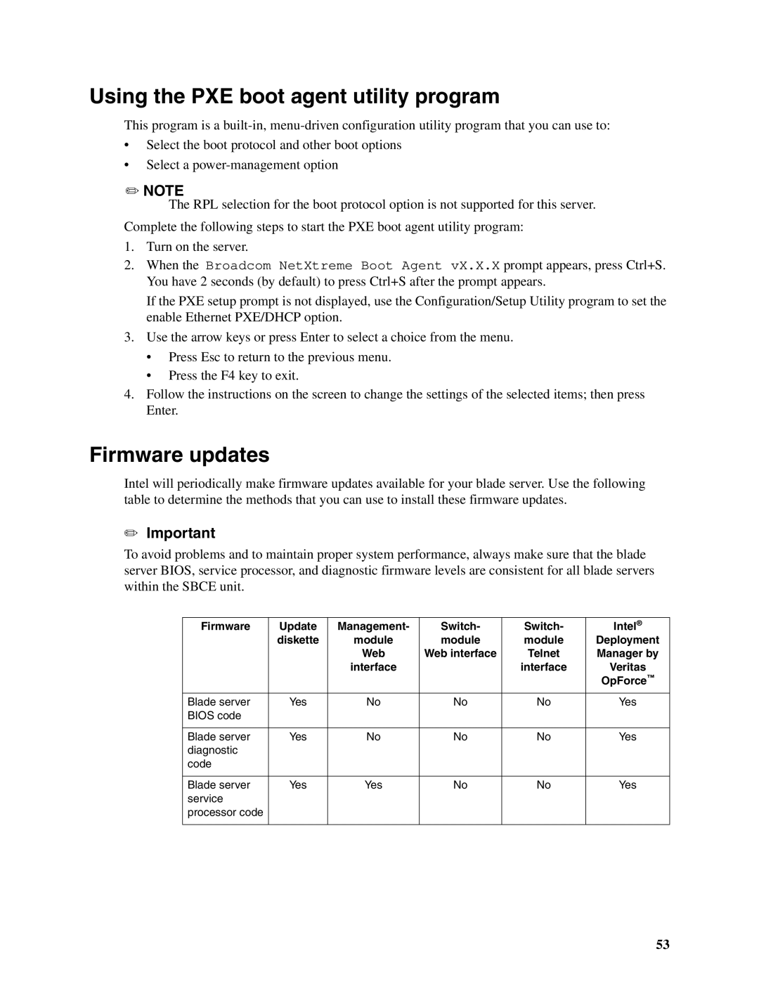 Intel SBX82 manual Using the PXE boot agent utility program, Firmware updates 