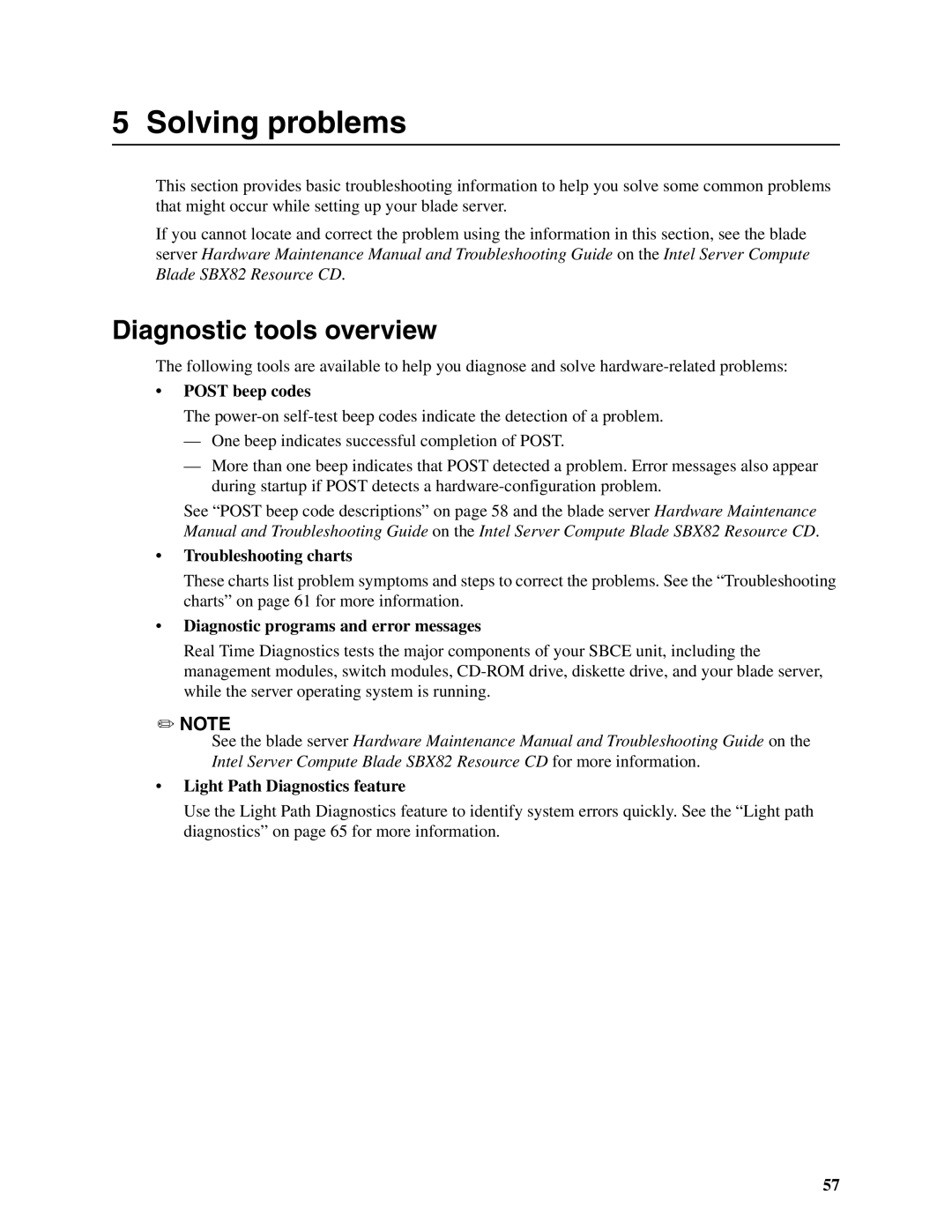 Intel SBX82 Diagnostic tools overview, Post beep codes, Troubleshooting charts, Diagnostic programs and error messages 