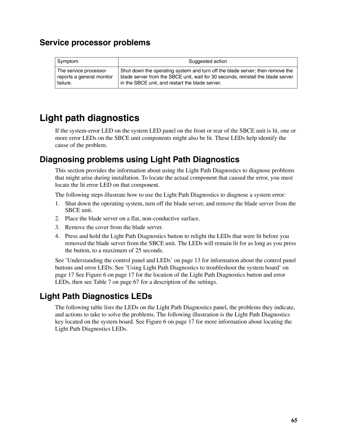 Intel SBX82 manual Light path diagnostics, Service processor problems, Diagnosing problems using Light Path Diagnostics 