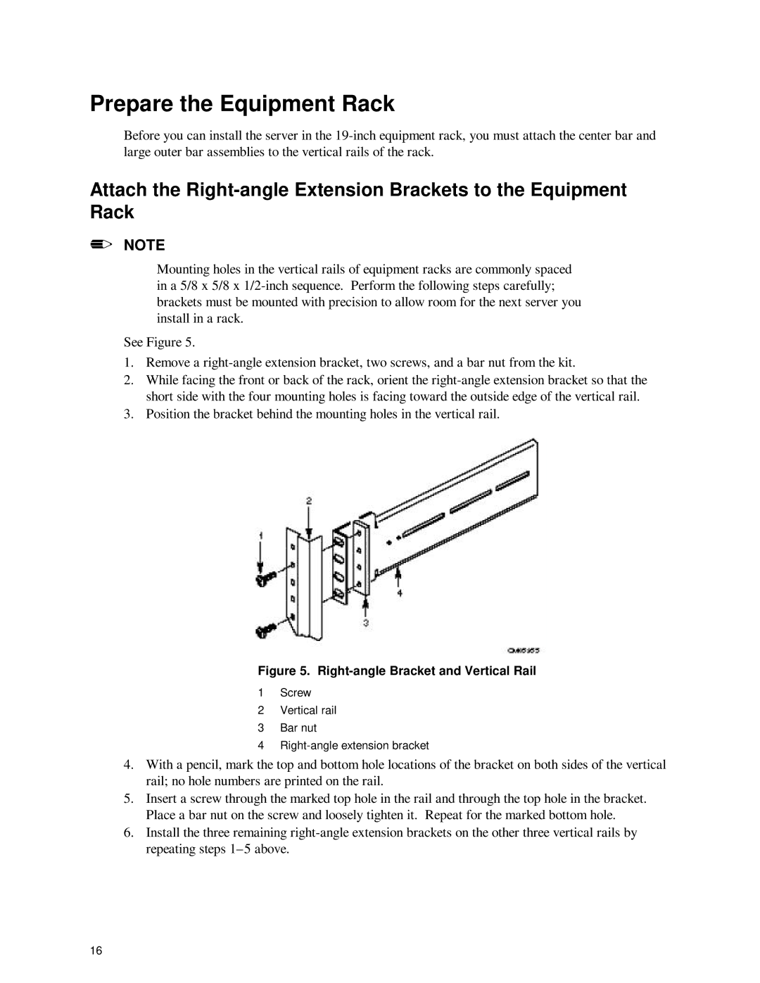 Intel SC450NX manual Prepare the Equipment Rack, Right-angle Bracket and Vertical Rail 