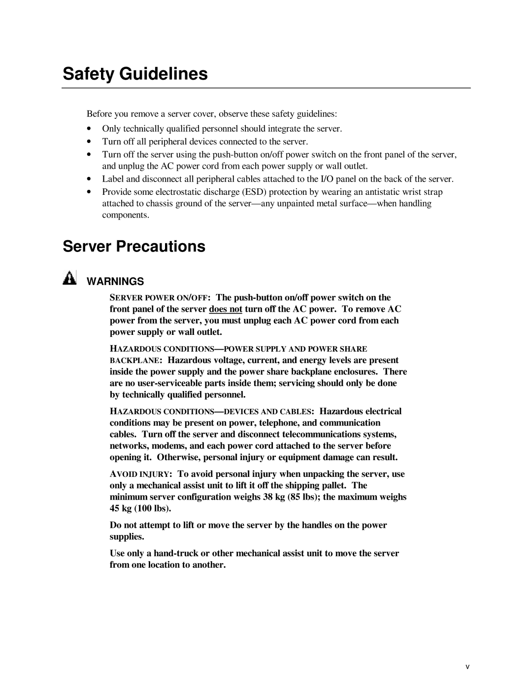 Intel SC450NX manual Safety Guidelines, Server Precautions 