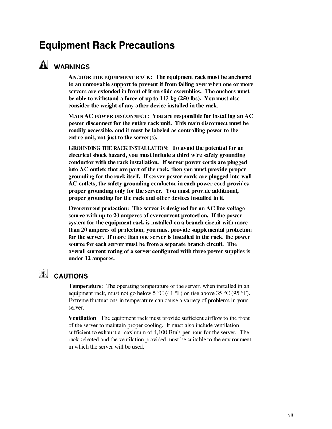 Intel SC450NX manual Equipment Rack Precautions 