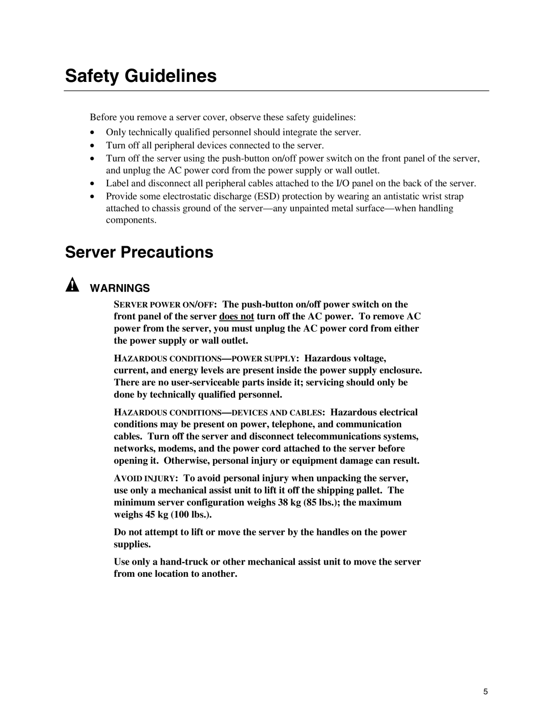 Intel SC5000 manual Safety Guidelines, Server Precautions 