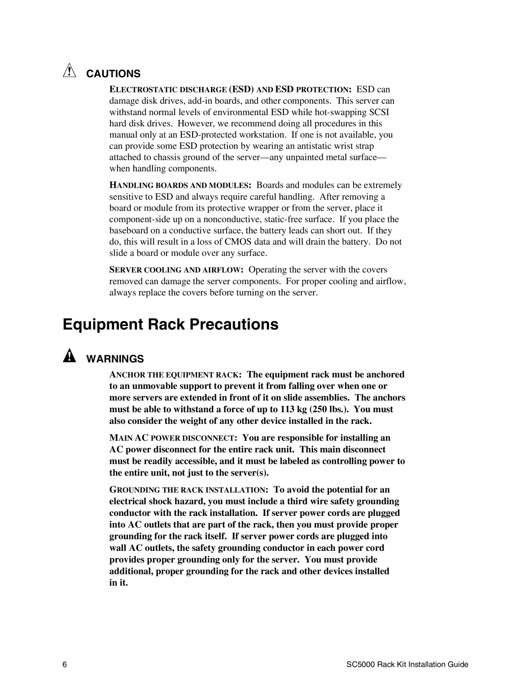 Intel SC5000 manual Equipment Rack Precautions 