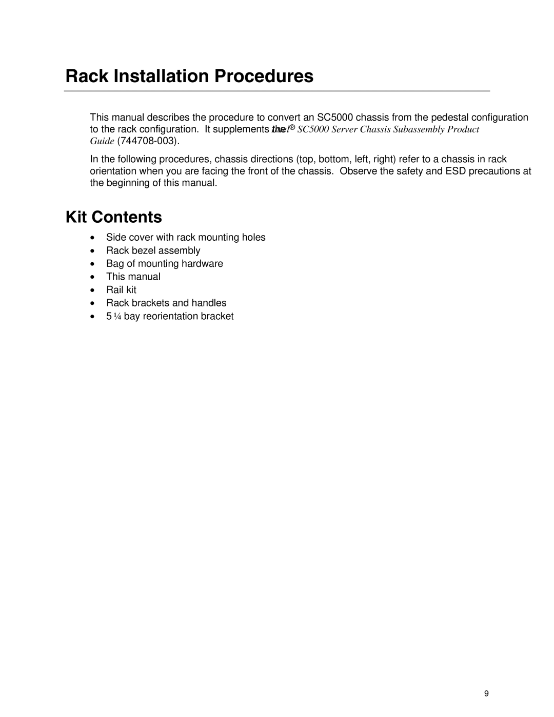 Intel SC5000 manual Rack Installation Procedures, Kit Contents 