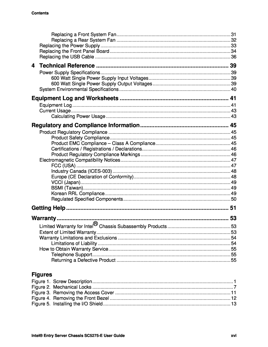 Intel SC5275-E Technical Reference, Equipment Log and Worksheets, Regulatory and Compliance Information, Figures, Warranty 