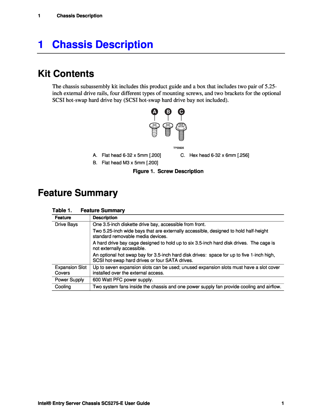 Intel C50277-001, SC5275-E manual Chassis Description, Kit Contents, Feature Summary, A B C, Screw Description 