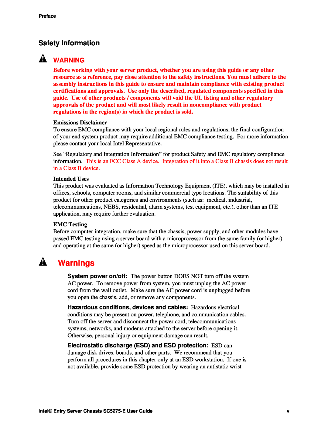 Intel C50277-001, SC5275-E manual Safety Information, Warnings 