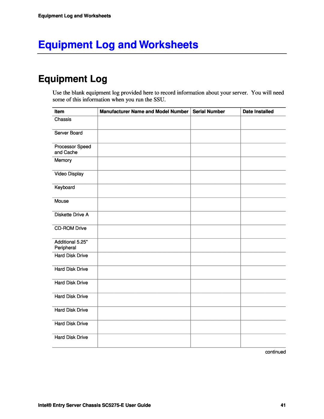Intel C50277-001, SC5275-E Equipment Log and Worksheets, Manufacturer Name and Model Number, Serial Number, Date Installed 