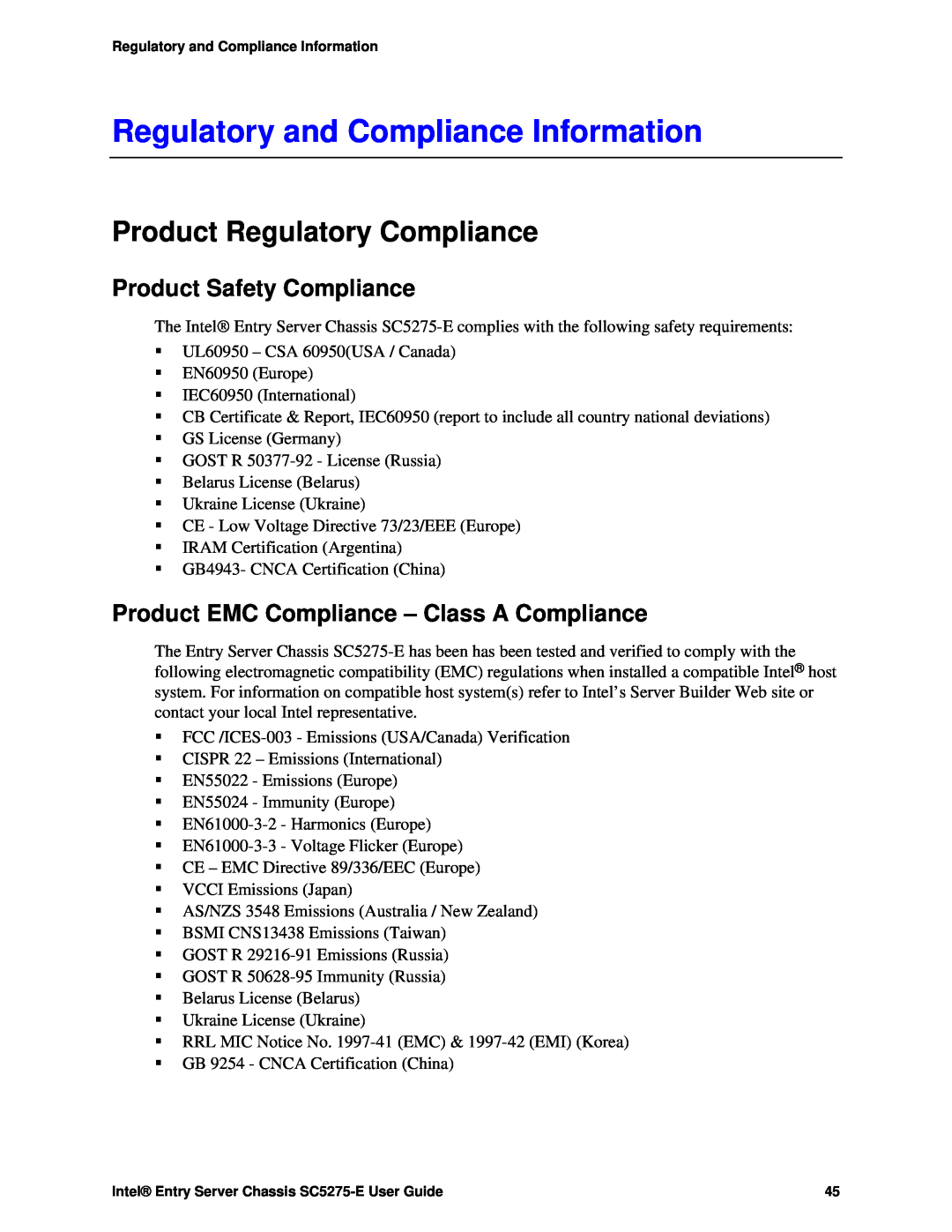 Intel C50277-001, SC5275-E Regulatory and Compliance Information, Product Regulatory Compliance, Product Safety Compliance 