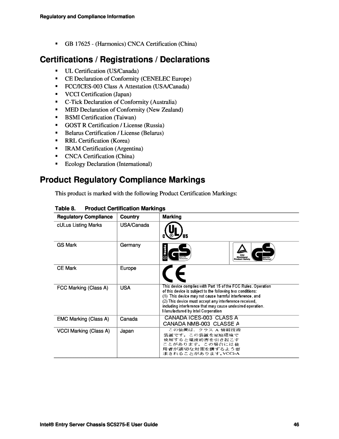 Intel SC5275-E, C50277-001 manual Certifications / Registrations / Declarations, Product Regulatory Compliance Markings 