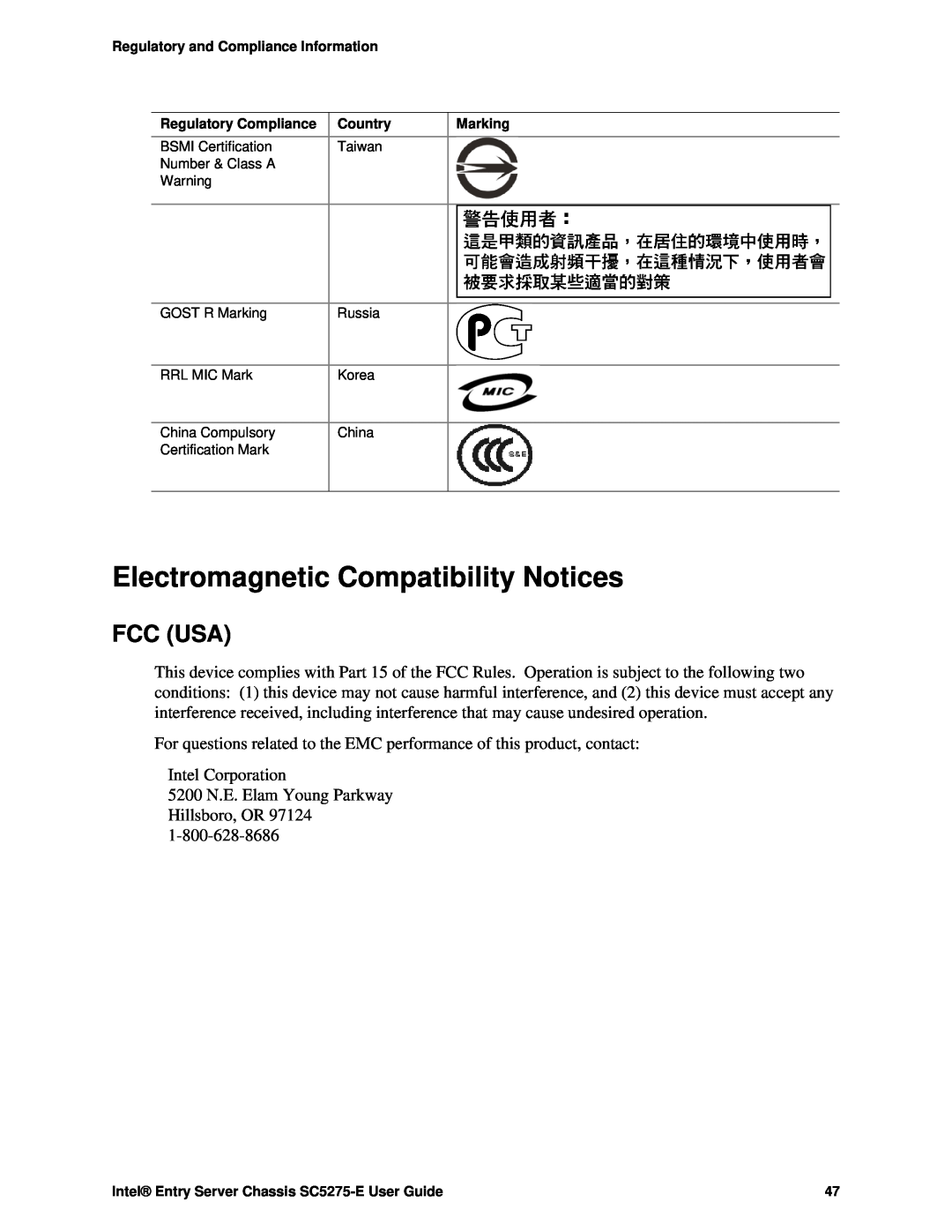 Intel C50277-001, SC5275-E manual Electromagnetic Compatibility Notices, Fcc Usa 