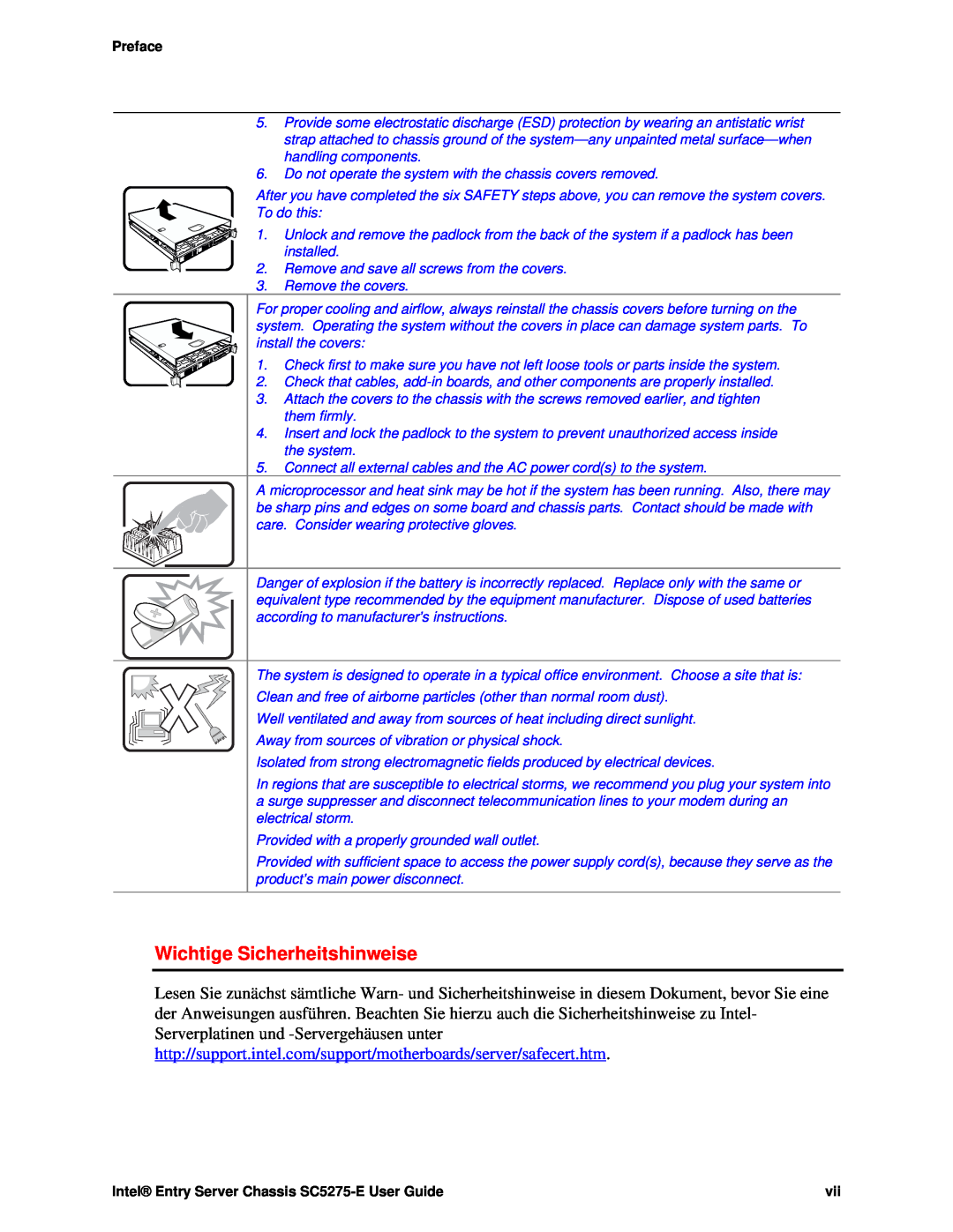 Intel C50277-001 manual Wichtige Sicherheitshinweise, Preface, Intel Entry Server Chassis SC5275-E User Guide 