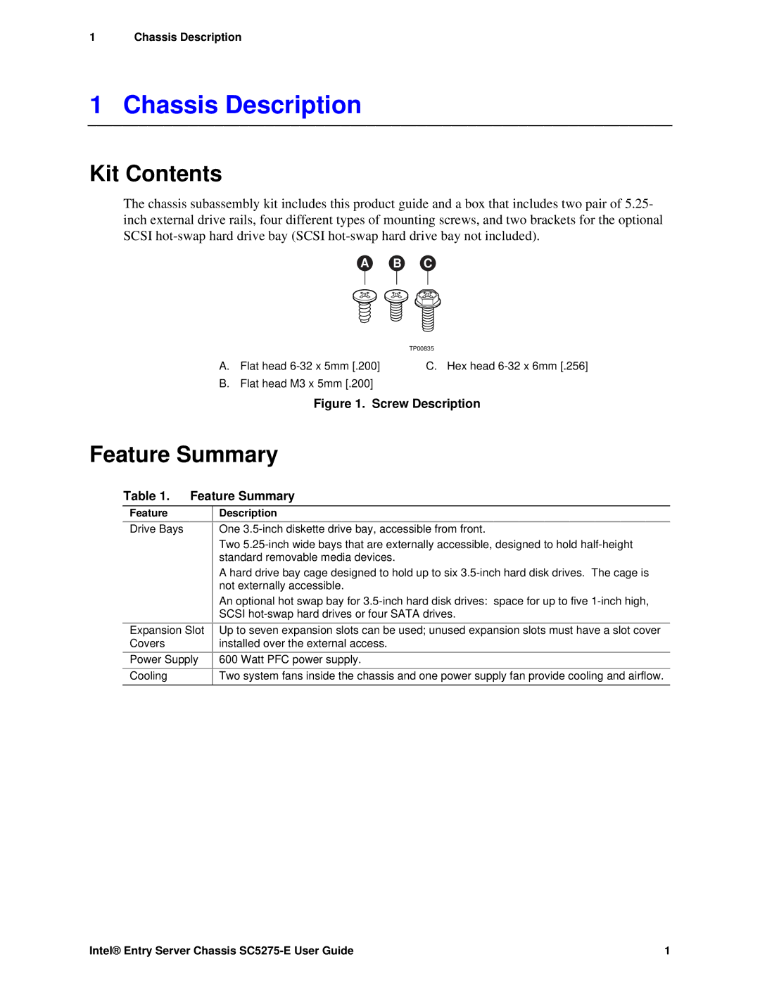 Intel C50277-001, SC5275-E manual Chassis Description, Kit Contents, Feature Summary 